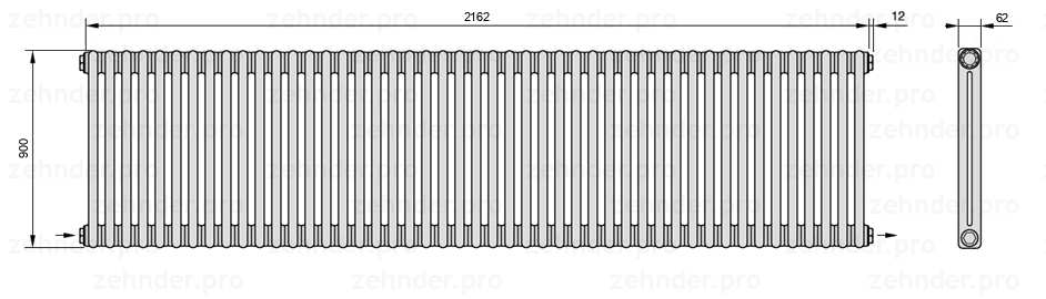 Схема (чертеж) Радиатор Zehnder Charleston 2090/47 №2670 Белый глянцевый RAL 9016